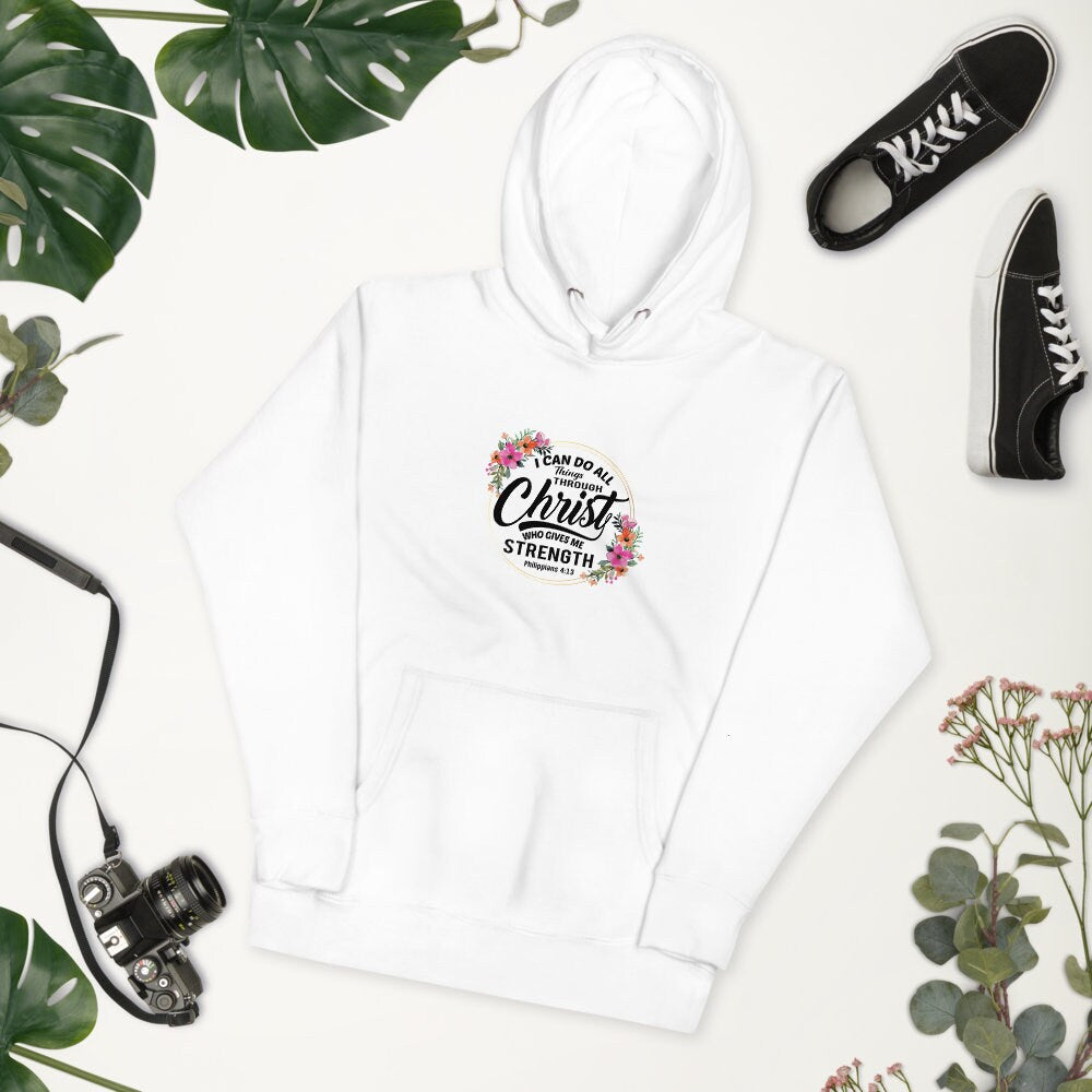 White Christian Hoodie I can do all things through Christ
