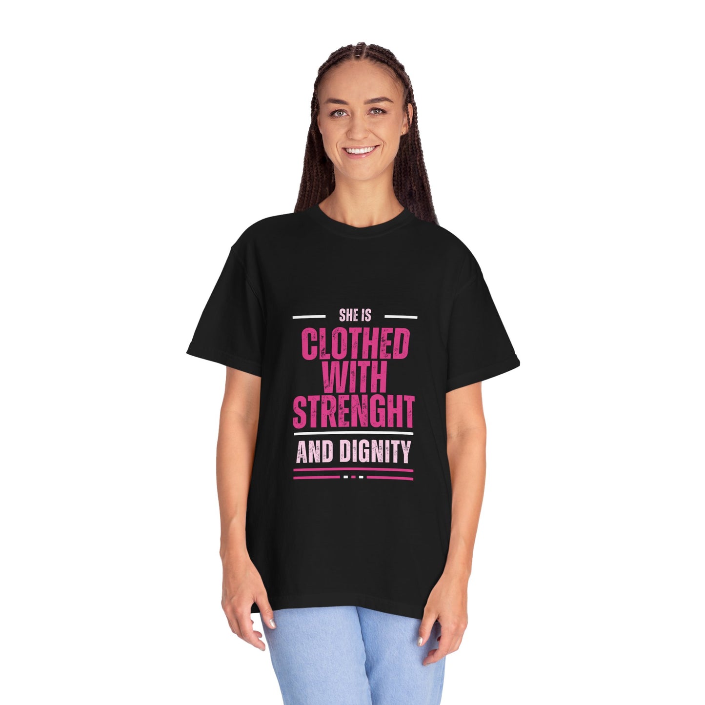 She is Clothed with Strength and Dignity, Faith-Based Tee, Everyday Comfort, 100% Cotton, White, Ash, Military Green, Light pink and Midnight