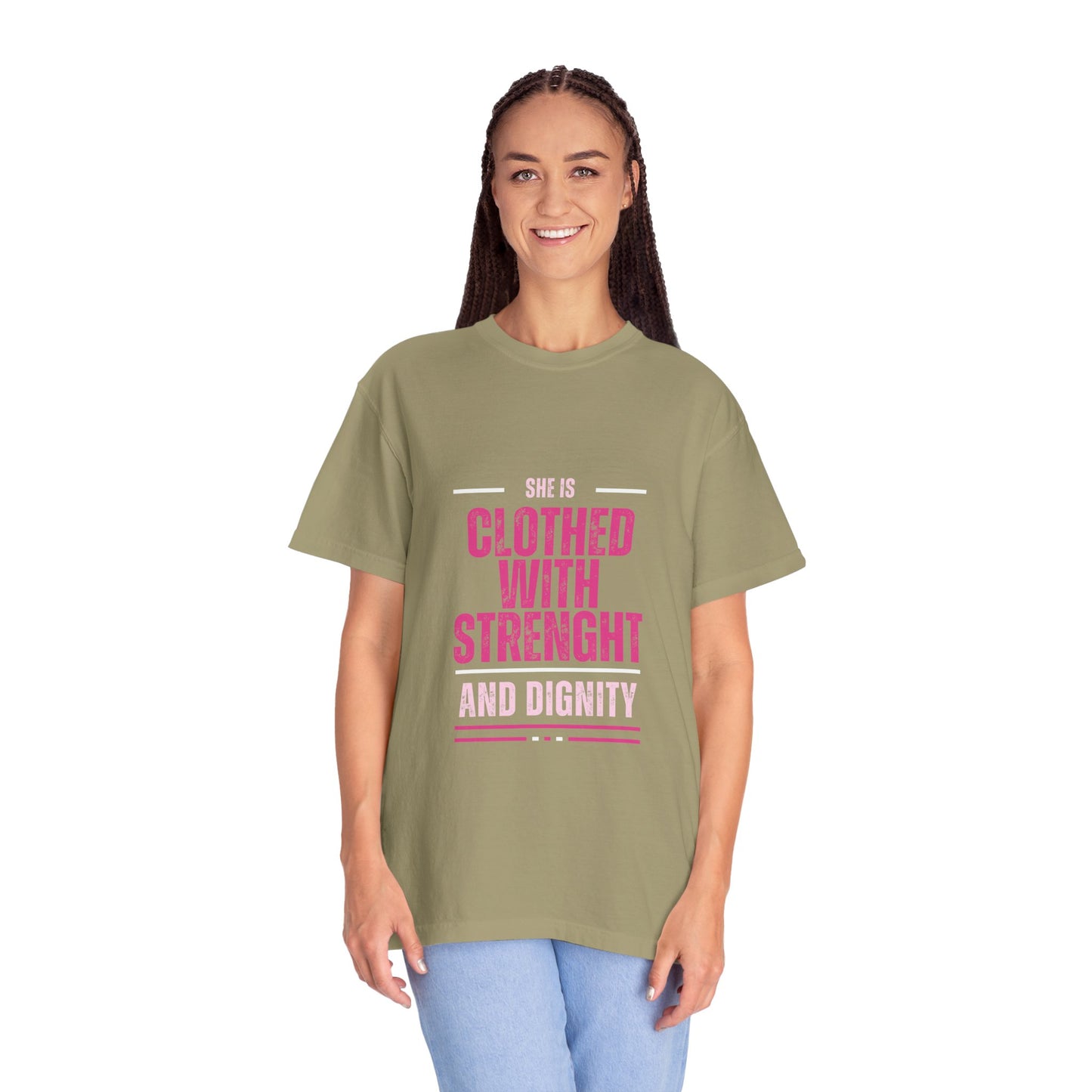 She is Clothed with Strength and Dignity, Faith-Based Tee, Everyday Comfort, 100% Cotton, White, Ash, Military Green, Light pink and Midnight